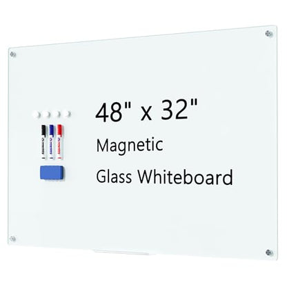 Magnetic Glass Whiteboard for Wall, 48" x 32" Large Dry Erase Board, Frameless Wall-Mounted White Board School, Classroom, Office & Home - size: 48" x 32"