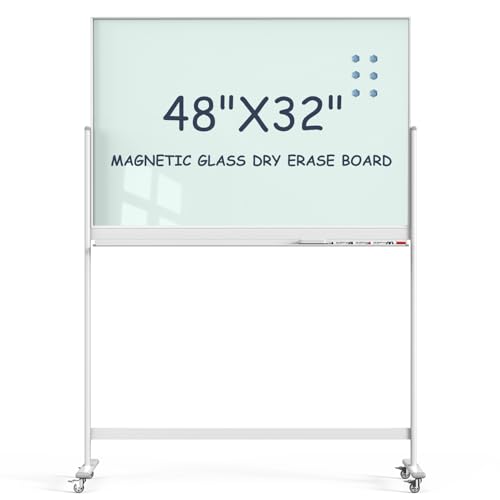 Tankee Rolling Whiteboard, 48x32 Inches Magnetic Glass Dry Erase Board with Stand, Standing White Board on Wheels, Large Glass Mobile Whiteboard for Office School Classroom Home Homeschooling - color: Magnetic Glass Board - W, size: 48"x32"