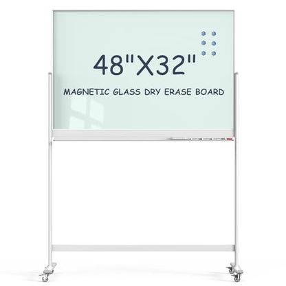Tankee Rolling Whiteboard, 48x32 Inches Magnetic Glass Dry Erase Board with Stand, Standing White Board on Wheels, Large Glass Mobile Whiteboard for Office School Classroom Home Homeschooling - color: Magnetic Glass Board - W, size: 48"x32"