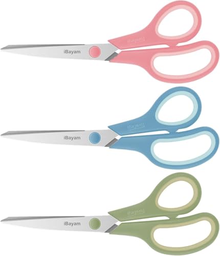 iBayam 8.5 Inch Scissors All Purpose Heavy Duty 3 Pack, 2.5mm Thick Ultra Sharp Blade Comfort-Grip for Office Classroom School Cardboard Craft Desk, Left/Right Handed, Cute Pastel Pink Blue Green - color: Pastel Pink Blue Green