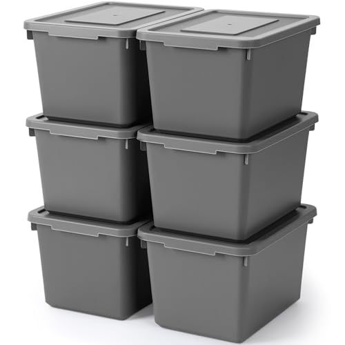 Potchen 6 Pcs Pack Small Stackable Storage Bins with Lids Plastic Cute Storage Boxes 9.8" ×7.3" ×5.7" Decorative Storing Bins for Organizing Craft Office Classroom Supplies (Grey) - color: Grey