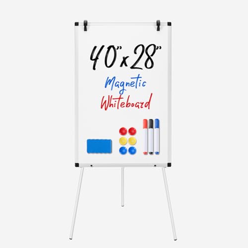 DUMOS Magnetic White Board Easel 40"x28", Silver Aluminium Frame & White | 40"x28" magnetic dry erase. Height 28"-48" for adults & kids. Foldable for classroom. Includes tray & 2 magnets. - color: White Frame(with Stand), size: 40"W x 42"H