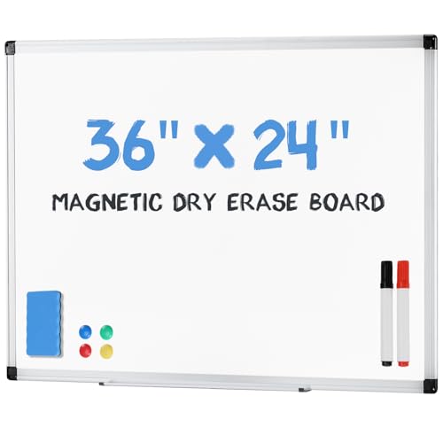 DUMOS Magnetic White Board Kit for Wall 36" x 24", Dry Erase Board with 1 Dry Eraser & 2 Multicolor Markers & 4 Magnetic Pins, Reinforced Aluminum Frame for Home, School & Office - color: Pure White, size: 36"x24"