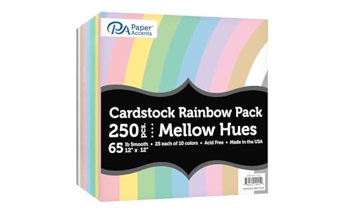 Accent Design Paper Accents Variety Pack, Rainbow Cardstock, Mellow Hues, 12x12 Inch, 250 Pack, 65lb Coordinated Color Cardstock, Scrapbooking, Card Making, and Crafts - color: Mellow Hues 250pc