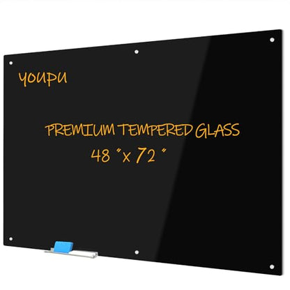 Magnetic Blackboard 72“ x 48” Black Glass Dry-Erase Board Wall-Mounted Frameless Whiteboard Bulletin Board Suitable for Offices, Schools, and Homes(Black) - size: 72"W x 48"H
