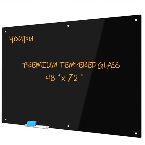 Magnetic Blackboard 72“ x 48” Black Glass Dry-Erase Board Wall-Mounted Frameless Whiteboard Bulletin Board Suitable for Offices, Schools, and Homes(Black) - size: 72"W x 48"H