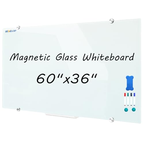 DEVELOP Large Magnetic Glass Dry Erase White Board, 60 x 36 Inch (150 x 90 cm), Frameless Glass Whiteboard on wall, Frosted White Surface, Including 4 Markers, 2 Magnets, 1 Eraser - color: White, size: 60x36 inch