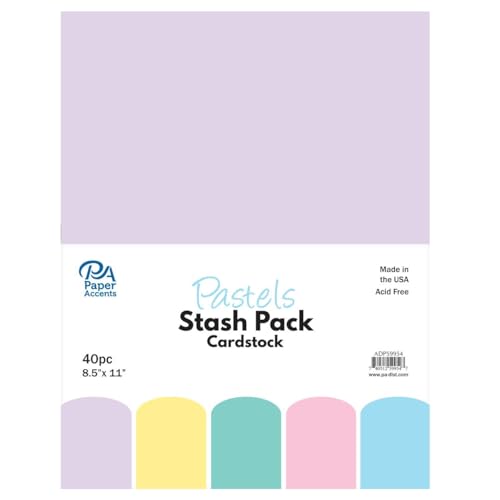 PA Paper Accents Stash Pack Cardstock Pack 8.5" x 11" Pastels, colored cardstock paper for card making, scrapbooking, printing, quilling and crafts, 65lb., 40 pieces - color: Yellow,blue,green,lavender,pink