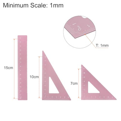 HARFINGTON 4pcs Geometry Set 15cm Metric Measure Laser Engraving Aluminum Ruler Metal Ruler Set Triangle Protractor Ruler Tool Set for Classroom, Office, Home, Pink - color: Pink
