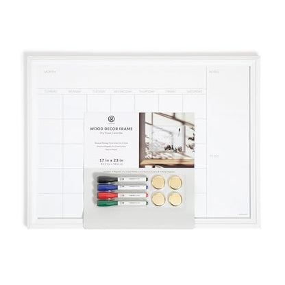 U Brands Magnetic Dry Erase Monthly Calendar Whiteboard Value Pack, 24" x 18", Wall Mounted Planner Board with Wood Style Frame, Home Office & Kitchen Family Command Center, Includes Markers & Magnets