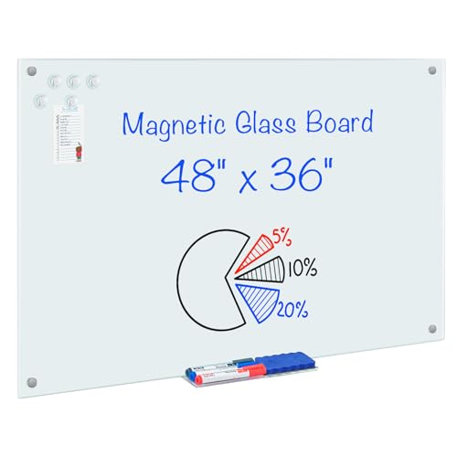 maxtek Magnetic Glass Dry Erase White Board, 48" x 36" Frameless Glass Board for Wall Mounted, Includes 5 Magnets, 3 Markers and 1 Eraser for Classroom Home, Office Supplies (White) - size: 48"W x 36"H