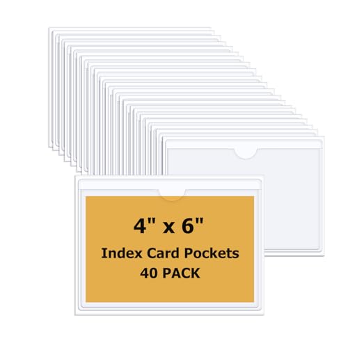 40 PCS Index Card Pockets 4"X6", Self Adhesive Card Pockets, Clear Label Pockets for Storage Bins, Plastic Labels Holders for Organizing, Loading, Drawer,Library Card, Totes, Shelves (4"X6") - size: 4"X6"
