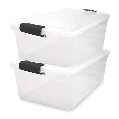 HOMZ Secure Latch Clear Plastic Storage Organizer Bins, 64 Quart, 2-Pack | Gray Latches - Stackable Container Boxes for Bedroom, Bathroom, Garage, and Office Organization - color: Gray, size: 64 QT (2 Pack)