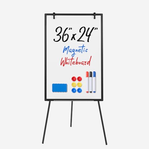 DUMOS Magnetic White Board Easel 36"x24", Silver Aluminium Frame & Black | 36"x24" magnetic dry erase. Height 28"-48" for adults & kids. Foldable for classroom. Includes tray & 2 magnets. - color: Black Frame(with Stand), size: 36"x24"