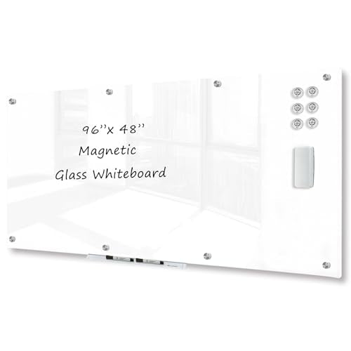 J&J worldwide Magnetic Glass Whiteboard 96x48 Inch Ultra White, Frameless Tempered Glass Dry Erase Board Wall Mounted Includes Markers, Eraser, Magnets, Mounting Kit for Office Home& School - color: Ultra White, size: 96"W x 48"H