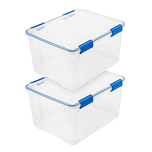 IRIS USA WeatherPro 44 Qt Storage Bins with Lids, 2 Pack, BPA-Free Plastic Gasket Box with Tight Latch and Seal, Stackable Nestable Tote Tub - Clear/Blue - size: 44 Qt. - 2 Pack