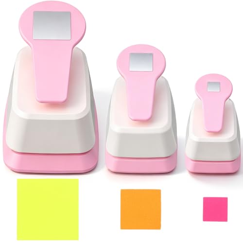 CHENGU 3 Pack Craft Paper Punch Square 2, 1 and 5/8 Inch Punch Paper Punchers Round with 10 Pcs Sticker, Cutter Pink for Card Making Scrapbook DIY Albums Photos Office Supplies - color: Light Pink, style: Square