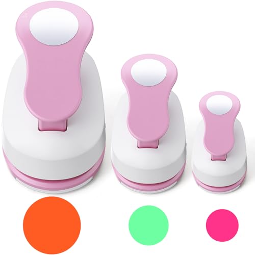 Chengu 3 Pack Craft Paper Punch Circle 2, 1 and 5/8 Inch Punch Paper Punchers Round with 10 Pcs Sticker, Cutter Pink for Card Making Scrapbook DIY Albums Photos Office Supplies - color: Pink, style: Circle