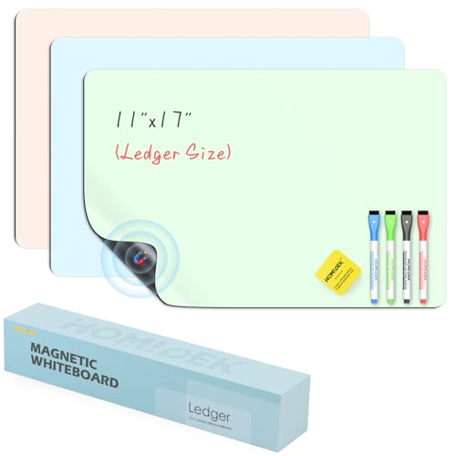 HOMiDEK Magnetic Dry Erase Board, 3 Colors Fridge Magnet White Board Sheet with 4 Markers & 1 Eraser, Reusable Blank Magnetic Whiteboard to Write On for Refrigerator, Locker, Cabinet, Door - 11 x 17 - color: Colored, size: Ledger (11x17)