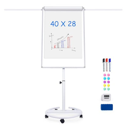 Maxtek Mobile Whiteboard 40 x 28 Inches, Magnetic Dry-Erase Flipchart Easel Stand with Height Adjustment, 2 Extendable Side Arms and 25-Sheet Paper Pad for Office, School, Home - color: Silver, size: 28"W x 40"H