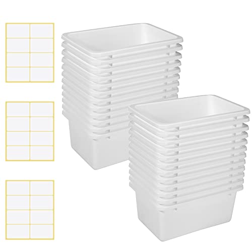 Outus 24 Pack Book Bins for Classroom Plastic Cubby Storage Bins Colored Kids Toy Organizer Container with 120 Pcs Self Adhesive Label for Student Teacher Library School Office Home(White) - color: White