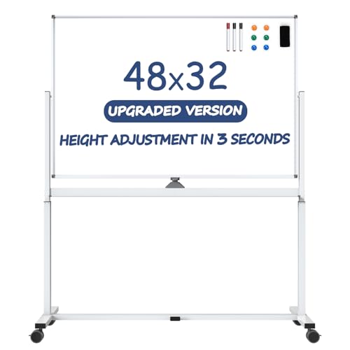 White Board on Wheels, 48 x 32 Inches Height-Adjustable Large Rolling Whiteboard, Mobile Magnetic Dry Erase Board with Stand, Double-Sided Standing Whiteboard for Office, Home, Classroom, School - color: White - Upgraded, size: 48"x32"