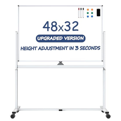 White Board on Wheels, 48 x 32 Inches Height-Adjustable Large Rolling Whiteboard, Mobile Magnetic Dry Erase Board with Stand, Double-Sided Standing Whiteboard for Office, Home, Classroom, School - color: White - Upgraded, size: 48"x32"