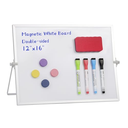 MXG Double Sided Magnetic Small White Board with Stand | 12x16 Inch Portable Mini Dry Erase Board with Markers, Eraser & Magnets 360 Rotatable & Adjustable for Office, Home, School - size: 12"W x 16"H