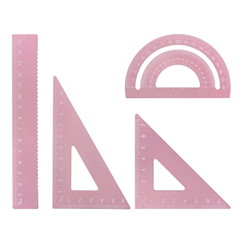 HARFINGTON 4pcs Geometry Set 15cm Metric Measure Laser Engraving Aluminum Ruler Metal Ruler Set Triangle Protractor Ruler Tool Set for Classroom, Office, Home, Pink - color: Pink