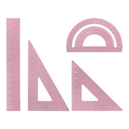 HARFINGTON 4pcs Geometry Set 15cm Metric Measure Laser Engraving Aluminum Ruler Metal Ruler Set Triangle Protractor Ruler Tool Set for Classroom, Office, Home, Pink - color: Pink