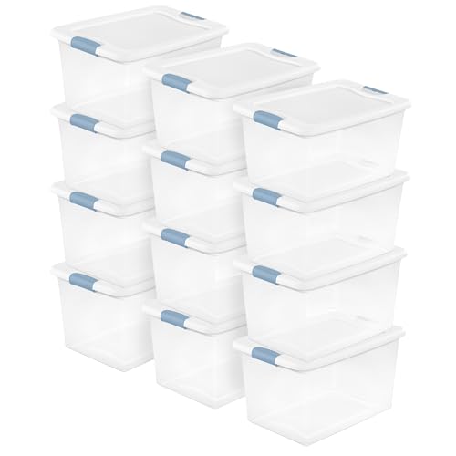 Sterilite 12-Pack Latching Box, Clear Plastic Under Bed Storage Bins with Lids, 64 Quart - Large Stackable Tote Organizer Containers for Closet, Bedroom, Bathroom, and Office Organization - size: 64 Quart, style: 12 Pack