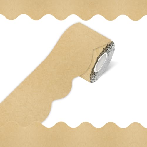 70Ft Bulletin Board Border- Kraft Scalloped Rolled Border Trim Board Border, Wavy Line Decorative Roll for Classroom, School, Office, Home - color: Kraft