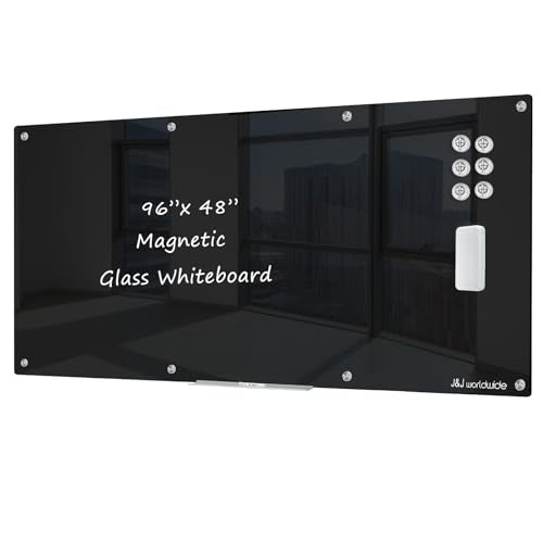 J&J worldwide Black Magnetic Glass Whiteboard 96x48 Inch, Frameless Tempered Glass Dry Erase Board Wall Mounted Includes Markers, Eraser, Magnets, Mounting Kit for Office Home& School - color: Black, size: 96"W x 48"H