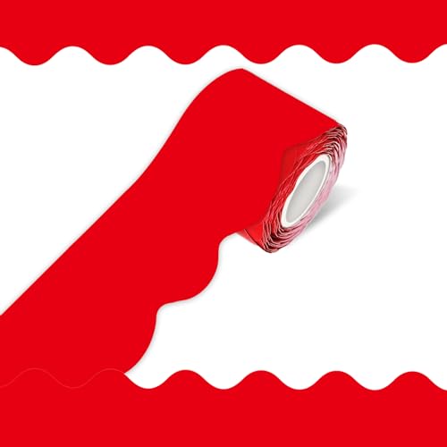 70Ft Red Bulletin Board Border- Pure Red Scalloped Rolled Border Trim Board Border, Wavy Line Decorative Roll for Classroom, School, Office, Home - color: Red