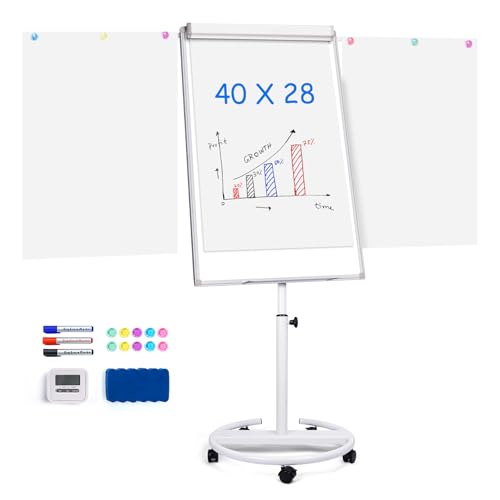 Maxtek Mobile Whiteboard 40 x 28 Inches, Magnetic Dry-Erase Flipchart Easel Stand with Height Adjustment, 2 Extendable Side Arms and 25-Sheet Paper Pad for Office, School, Home - color: Silver, size: 28"W x 40"H