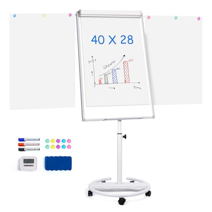 Maxtek Mobile Whiteboard 40 x 28 Inches, Magnetic Dry-Erase Flipchart Easel Stand with Height Adjustment, 2 Extendable Side Arms and 25-Sheet Paper Pad for Office, School, Home - color: Silver, size: 28"W x 40"H
