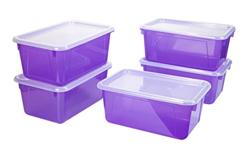 Storex Small Cubby Bins – Plastic Storage Containers for Classroom with Non-Snap Lid, 12.2 x 7.8 x 5.1 inches, Tint Violet, 5-Pack (62484A05C) - color: Candy Violet, size: 12.2 x 7.8 x 5.1 Inches, style: Bin with Cover