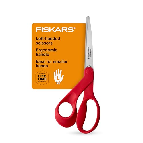 Fiskars Petite Left Handed Scissors, Crafting and Sewing Stainless Steel Scissors for Smaller Hands, Ergonomic Handle, Paper and Fabric Supplies for Office, Arts, and Crafts, Red - style: Petite Left-Handed