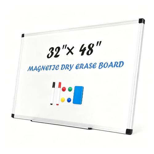 Simple Deluxe Magnetic White Board for Wall, 48" x 32" Dry Erase Board, Includes 1 Dry Eraser & 2 Multicolor Markers & 4 Magnetic Pins, Reinforced Aluminum Frame for Classroom Home Office - color: White, size: 32 X 48 Inches