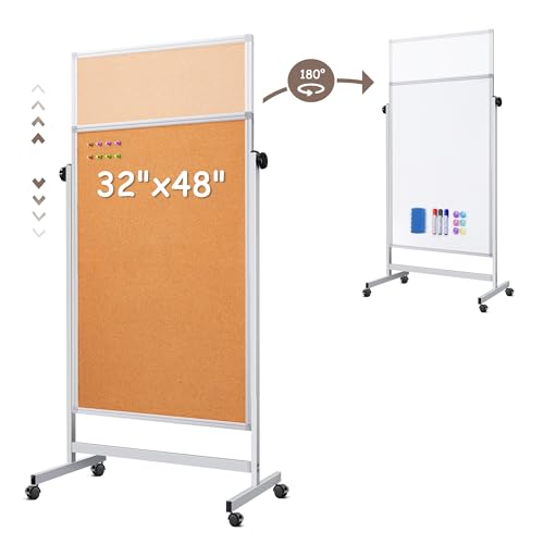 Double Sided Cork Board White Board, 32 x 48 inches Large Cork Board for Office, Height Adjustable Magnetic Dry Erase Board on Wheels, Portable Freestanding Natural Corkboard for Displaying, Planning - style: Cork & White