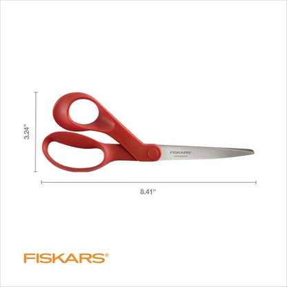 Fiskars Left-Handed Scissors, Precision Cutting for Craft Fabric Paper, Ergonomic Comfort Grip, Stainless Steel, 8", Red - style: Left-Handed