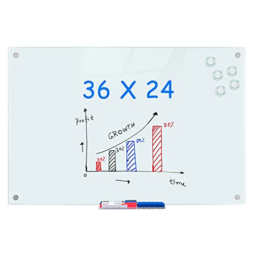maxtek Magnetic Glass Dry Erase White Board, 36 x 24 Inches Glass Board for Wall Mounted, Includes 6 Magnets, 3 Markers and 1 Eraser for Classroom Home, Office Supplies (White) - size: 36"W x 24"H