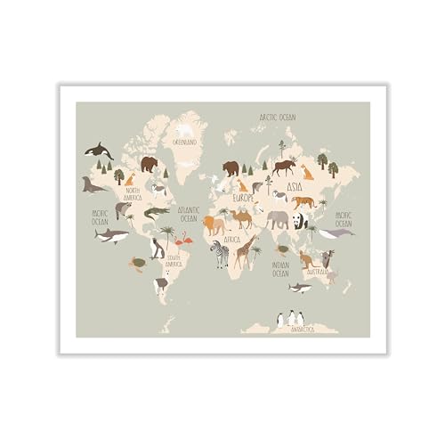 Poster Master Animal World Map Canvas - Map Of The World Print - Learning Materials Art - Chic Boho Animal Design - Educational Art - Fun Library or Kids Classroom Decor - 30x40 ROLLED Canvas - color: Style-12, size: 30"L x 40"W
