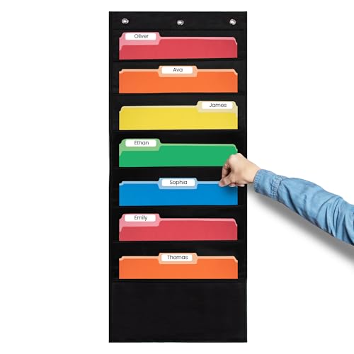 Essex Wares - 7 Pocket File Pocket Chart, Black, Tall - Versatile Wall Hanging File Folder Organizer for Classroom, Office, Home, and More - Wall Folder Organizer - 7 Pockets - size: 7 Pocket