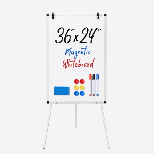 DUMOS Magnetic White Board Easel 36"x24", Silver Aluminium Frame & White | 36"x24" magnetic dry erase. Height 28"-48" for adults & kids. Foldable for classroom. Includes tray & 2 magnets. - color: White Frame(with Stand), size: 36"x24"