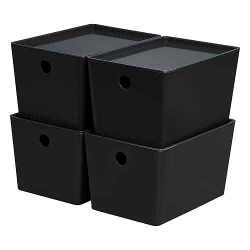 Soddeph 4 Pack Thick Plastic Storage Box with Lid, Durable Stackable Storage Bins, Hard Plastic Organizer Baskets for Home Office, Storage Containers 10.1" x 7" x 5.8" (Black with Lid) - color: Black