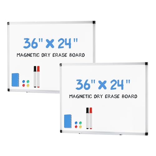 DUMOS Magnetic White Board Kit Set of 2, 36" x 24" Dry Erase Board with 1 Dry Eraser & 2 Multicolor Markers & 4 Magnetic Pins, Silver Reinforced Aluminum Frame for Home, School, Office - color: Silver(2 Pack), size: 36"x24"