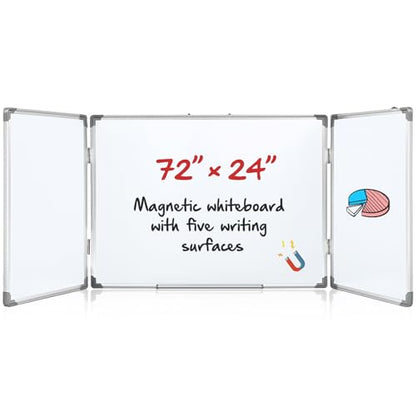 AmazingSpark 72" x 24" Foldable Whiteboard Dry Erase Board Large Tri Folding Whiteboard Magnetic Dry Erase Board, Wall Aluminium Frame and Flip Out Pen Tray for Office, Home - size: 72"W x 24"H