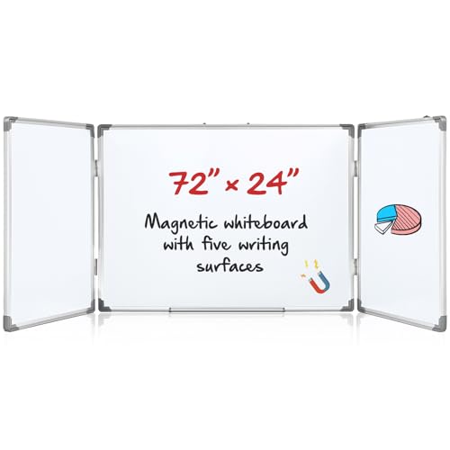 AmazingSpark 72" x 24" Foldable Whiteboard Dry Erase Board Large Tri Folding Whiteboard Magnetic Dry Erase Board, Wall Aluminium Frame and Flip Out Pen Tray for Office, Home - size: 72"W x 24"H