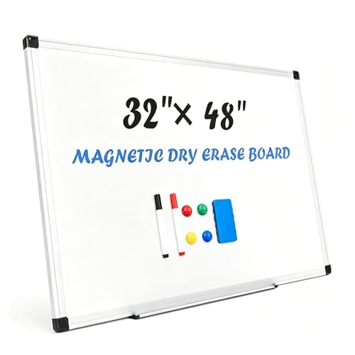 Simple Deluxe Magnetic White Board for Wall, 48" x 32" Dry Erase Board, Includes 1 Dry Eraser & 2 Multicolor Markers & 4 Magnetic Pins, Reinforced Aluminum Frame for Home Office Classroom - color: Silver White, size: 32 X 48 Inches